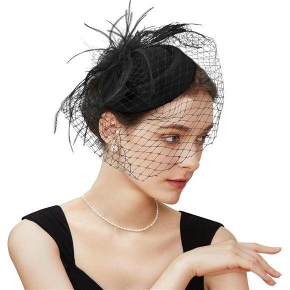 Fascinator Hat Veil Feather for Women Black - Picture 1 of 5